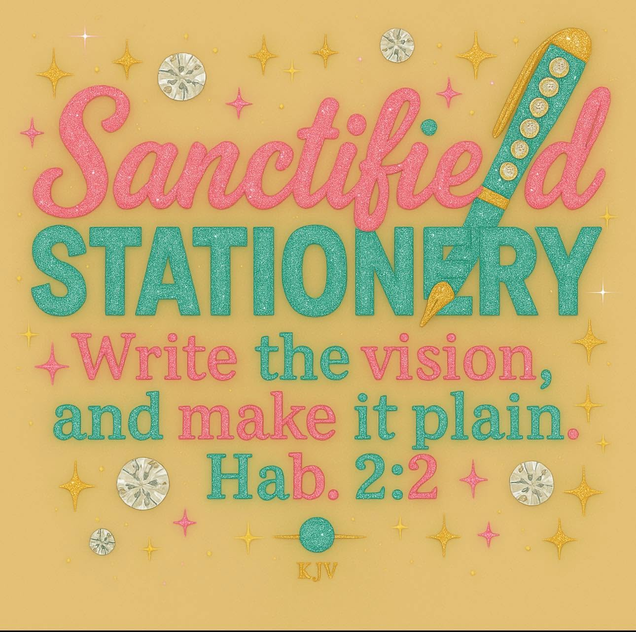 Sanctified Stationery brand artwork in pink, teal, and gold with a jeweled pen and the words Write the vision, and make it plain. Hab. 2:2.