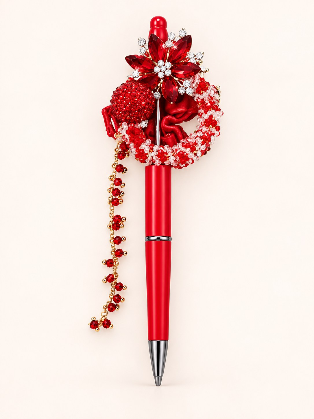 Red handmade embellished pen with floral and crystal details